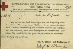 Karta pocztowa Komitetu Centralnego Pruskiego Towarzystwa Czerwonego Krzyża w Berlinie do starosty kwidzyńskiego z podziękowaniem za otrzymaną kwotę 25 marek. 23 lipca 1915 r. APG, 34/73, s. 831.   